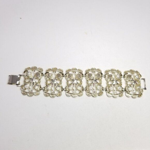 Vintage Pale Gold Tone Wide Chain Panel Bangle Bracelet, Retro Estate Design - Picture 3 of 7